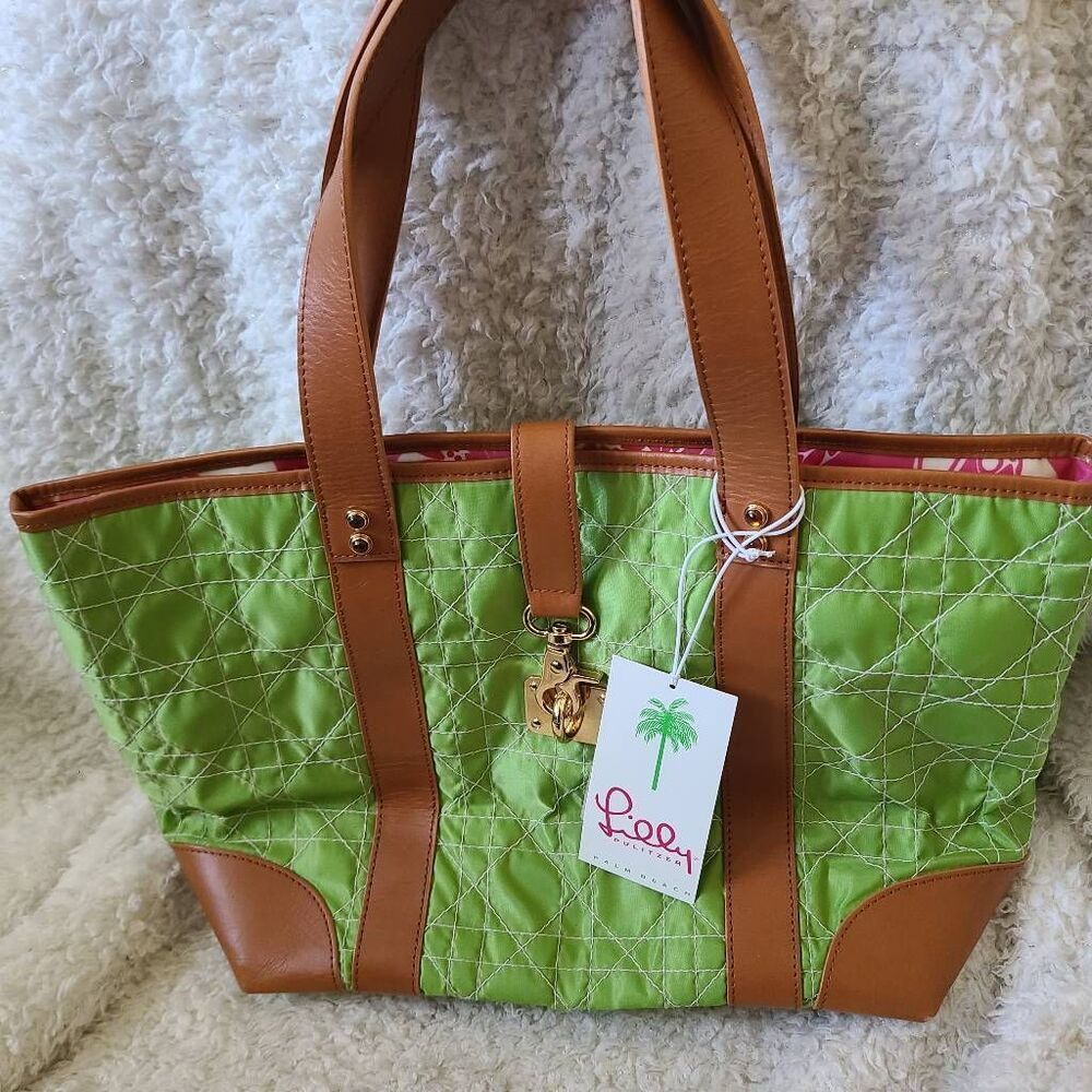 Lilly Pulitzer Off The Wagon Quilted Green Canvas Tote Shoulder Bag NWT